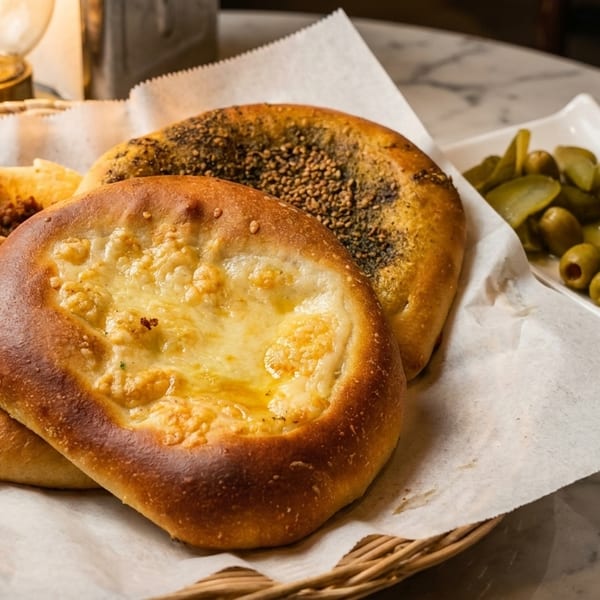 Basket of three savory pastries with cheese, meat, and za'atar, served with olives and pickles.