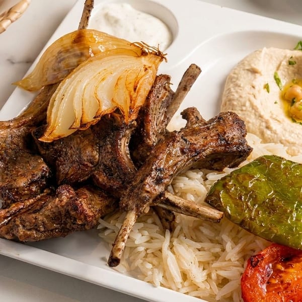 Grilled lamb chops with rice, roasted onions, bell pepper, tomato, hummus, and pita bread.